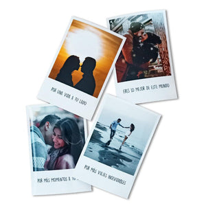 Pack de fotos polaroid personalizado con tus imágenes favoritas. Puedes añadir una frase a cada foto