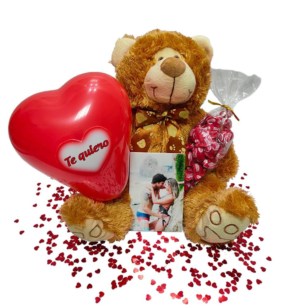 Pack de regalo San Valentín Oso peluche, globo corazón y foto personalizada